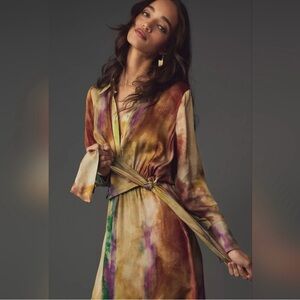 Anthropologie multicolor button down Satin Dress with tie waist